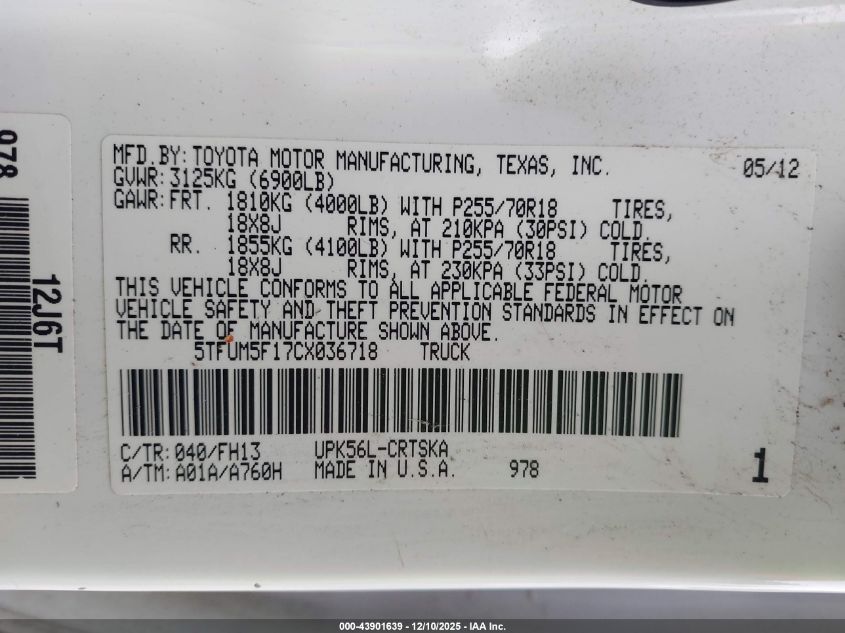 2012 Toyota Tundra Grade 4.6L V8 VIN: 5TFUM5F17CX036718 Lot: 43901639