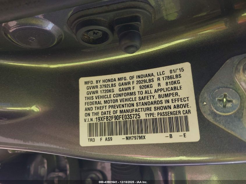 2015 Honda Civic Ex-L VIN: 19XFB2F90FE035725 Lot: 43901641