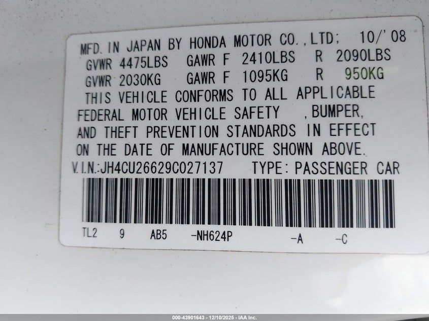 JH4CU26629C027137 2009 ACURA TSX photo no. 9