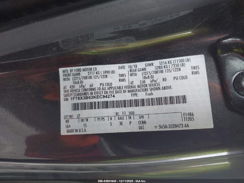 2019 Ford F-350 Xl VIN: 1FT8X3B63KEC94274 Lot: 43901645