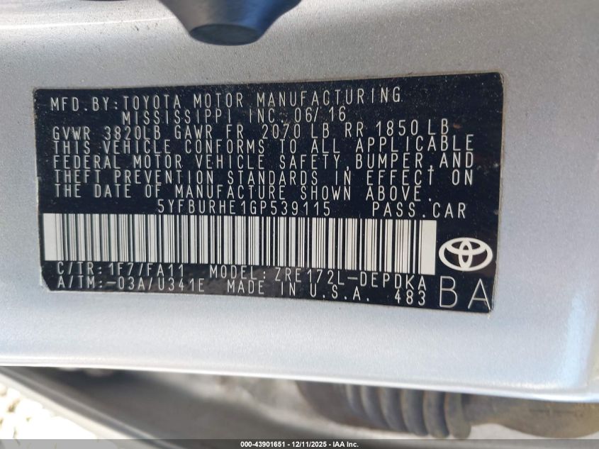 2016 Toyota Corolla L VIN: 5YFBURHE1GP539115 Lot: 43901651