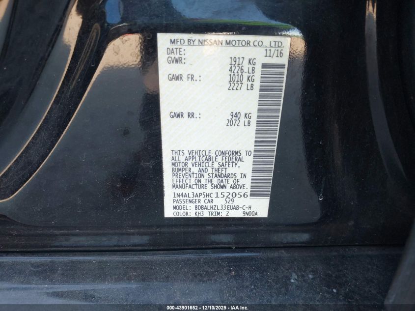 2017 Nissan Altima 2.5 Sr VIN: 1N4AL3AP5HC152056 Lot: 43901652
