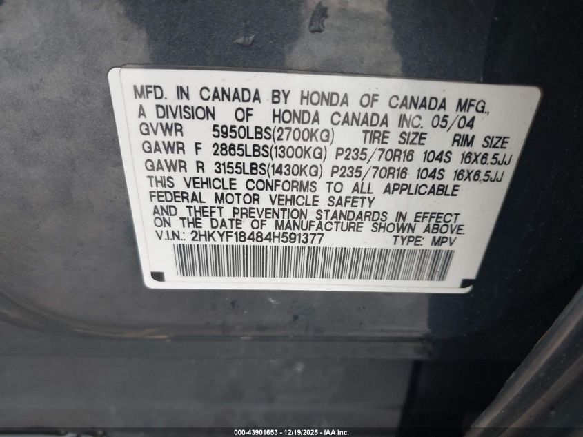 2004 Honda Pilot Ex VIN: 2HKYF18484H591377 Lot: 43901653