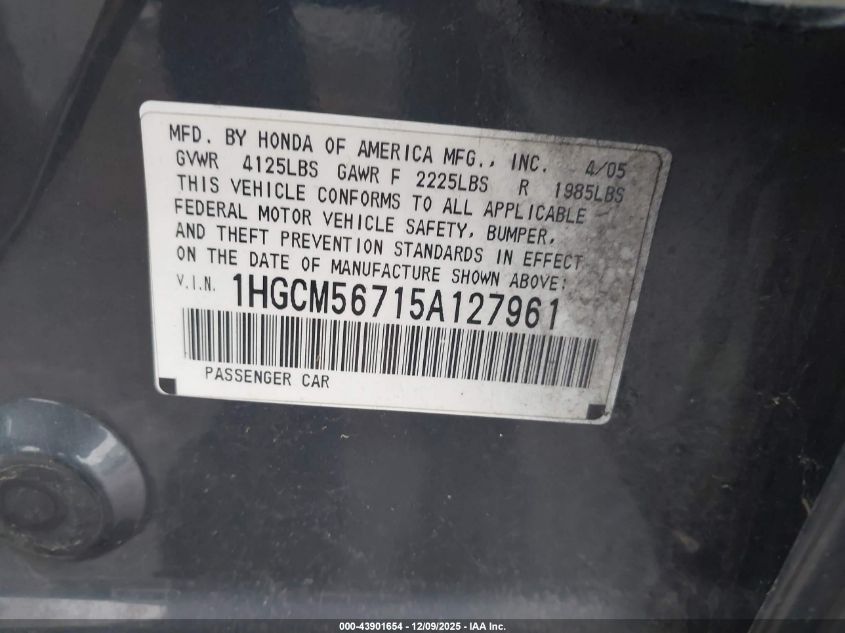 2005 Honda Accord 2.4 Ex VIN: 1HGCM56715A127961 Lot: 43901654