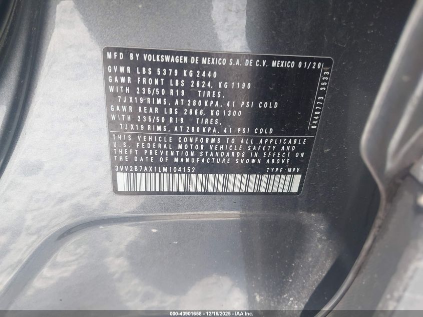 2020 Volkswagen Tiguan 2.0T Se/2.0T Se R-Line Black/2.0T Sel VIN: 3VV2B7AX1LM104152 Lot: 43901658