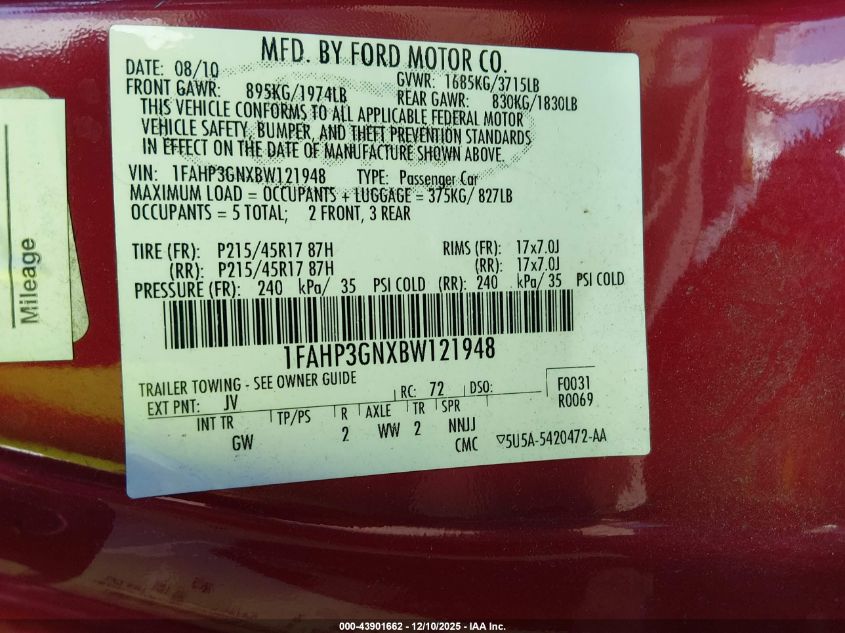 2011 Ford Focus Ses VIN: 1FAHP3GNXBW121948 Lot: 43901662