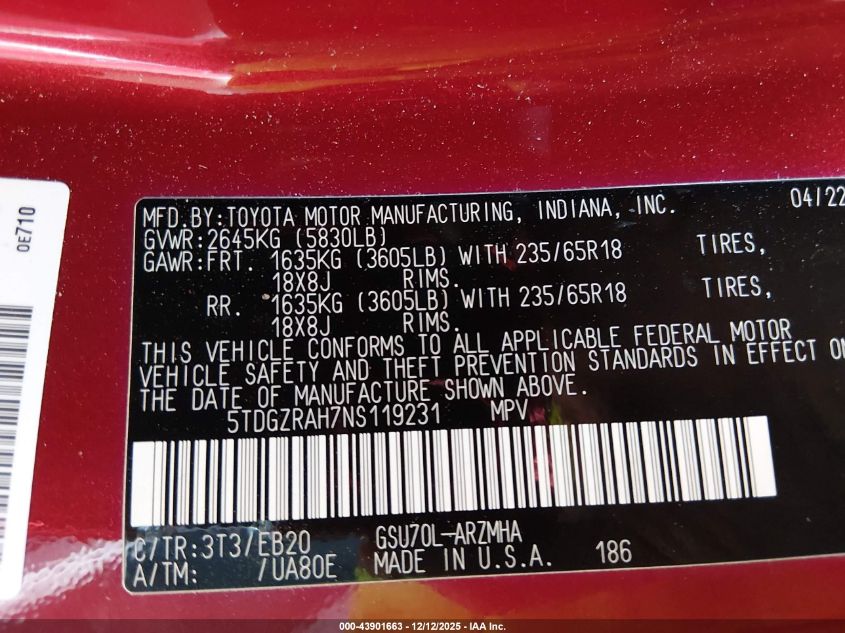 2022 Toyota Highlander Xle VIN: 5TDGZRAH7NS119231 Lot: 43901663