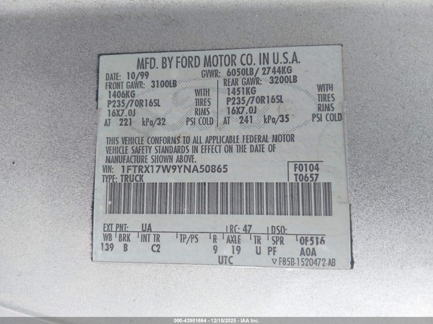 2000 Ford F-150 Lariat/Work Series/Xl/Xlt VIN: 1FTRX17W9YNA50865 Lot: 43901664