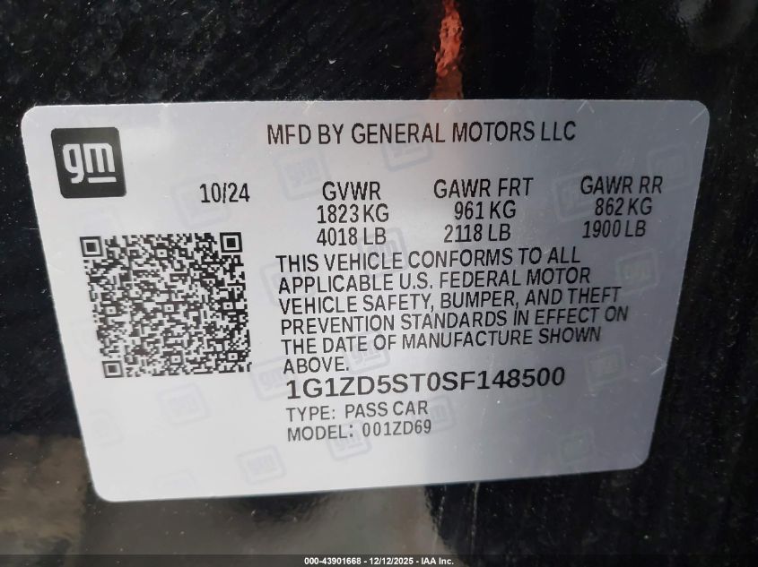 2025 Chevrolet Malibu Fwd 1Lt VIN: 1G1ZD5ST0SF148500 Lot: 43901668