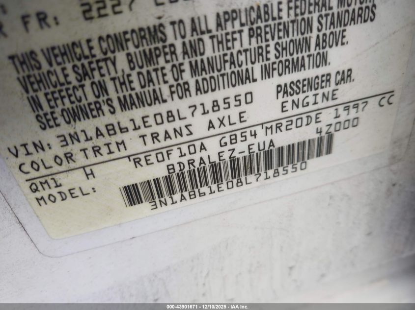 2008 Nissan Sentra 2.0S VIN: 3N1AB61E08L718550 Lot: 43901671