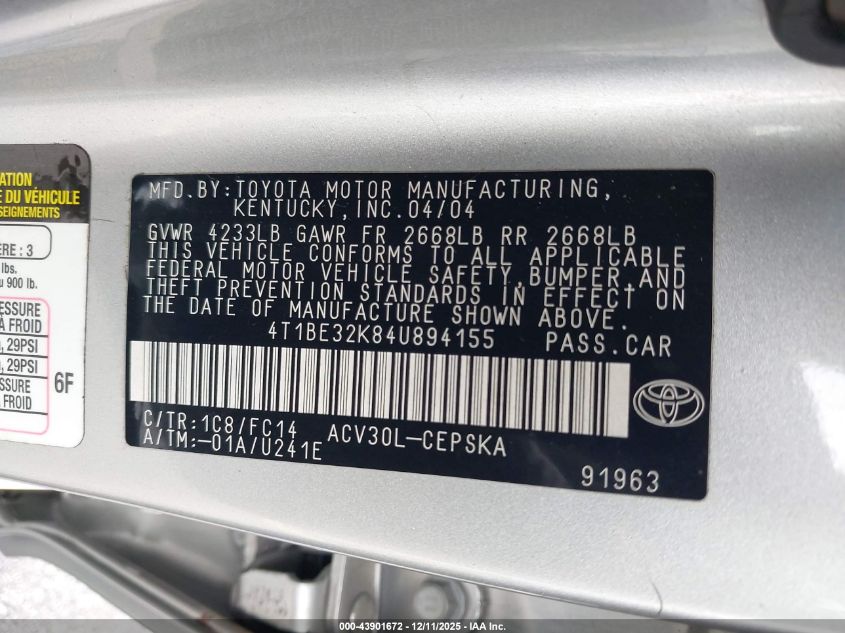 2004 Toyota Camry Se VIN: 4T1BE32K84U894155 Lot: 43901672
