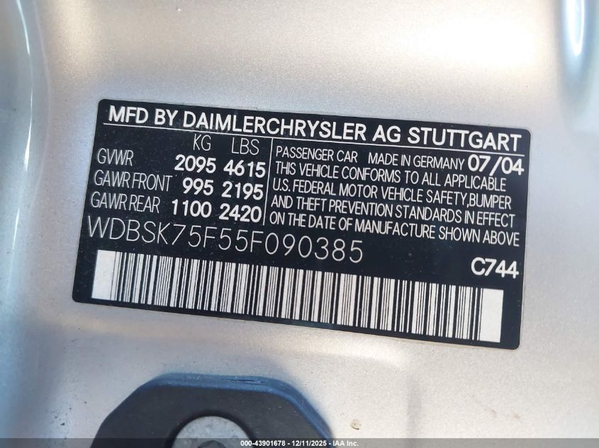 2005 Mercedes-Benz Sl 500 VIN: WDBSK75F55F090385 Lot: 43901678