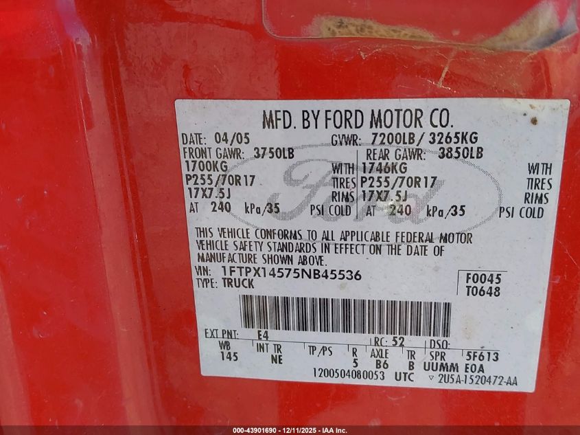 2005 Ford F-150 Fx4/Lariat/Xl/Xlt VIN: 1FTPX14575NB45536 Lot: 43901690