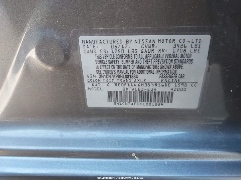 2017 Nissan Versa 1.6 Sv VIN: 3N1CN7AP0HL881884 Lot: 43901691