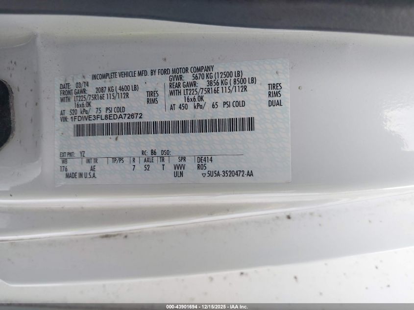 2014 Ford E-350 Cutaway VIN: 1FDWE3FL8EDA72672 Lot: 43901694
