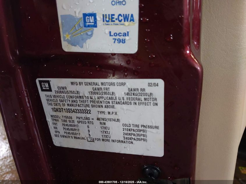 2004 GMC Envoy Sle VIN: 1GKDT13S542333322 Lot: 43901705