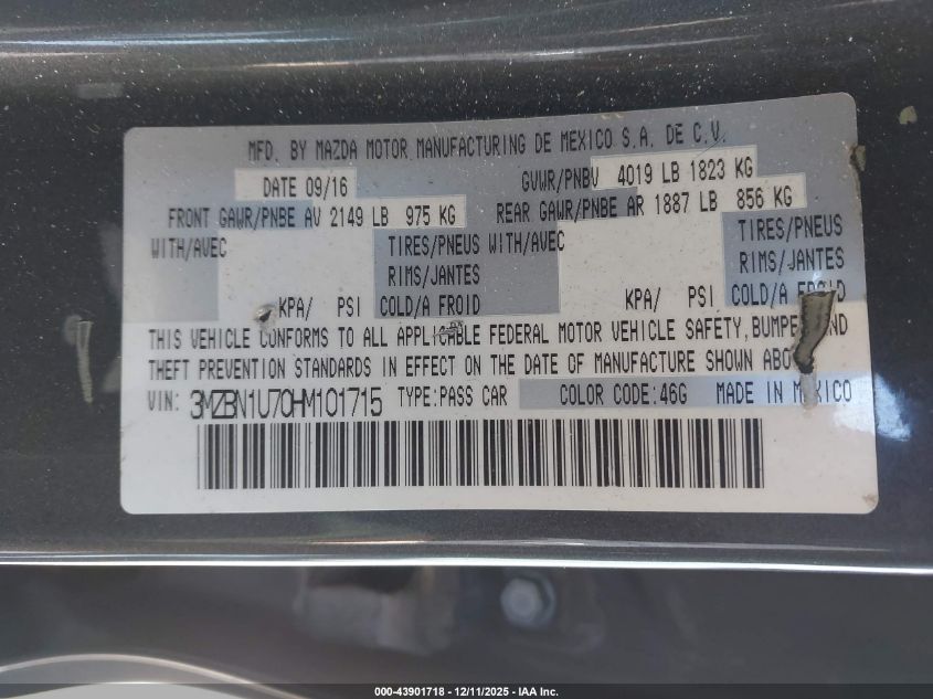 2017 Mazda Mazda3 Sport VIN: 3MZBN1U70HM101715 Lot: 43901718