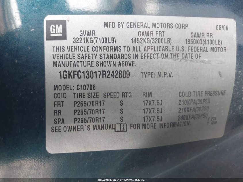 2007 GMC Yukon Slt VIN: 1GKFC13017R242809 Lot: 43901726