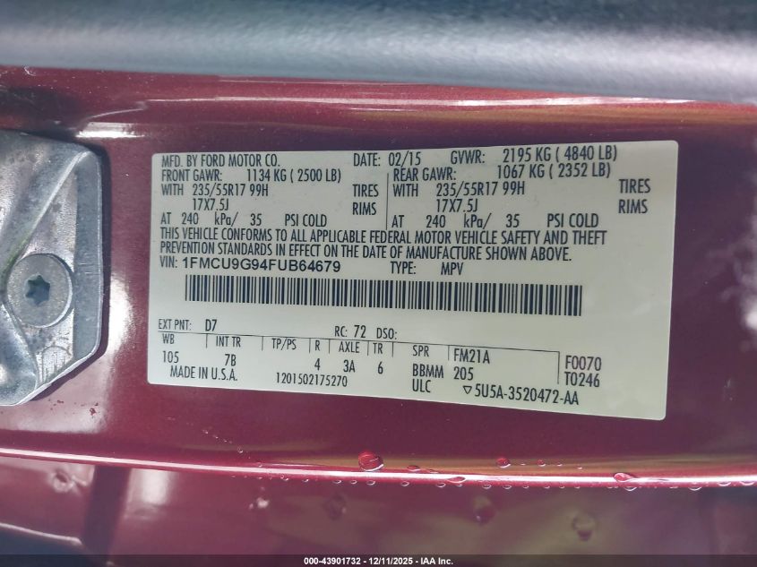 2015 Ford Escape Se VIN: 1FMCU9G94FUB64679 Lot: 43901732