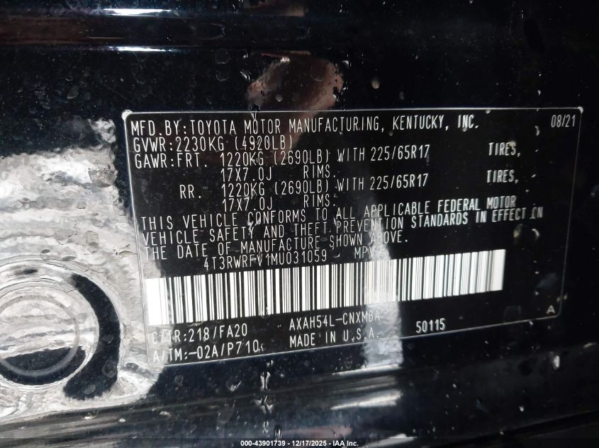 2021 Toyota Rav4 Hybrid Xle VIN: 4T3RWRFV1MU031059 Lot: 43901739