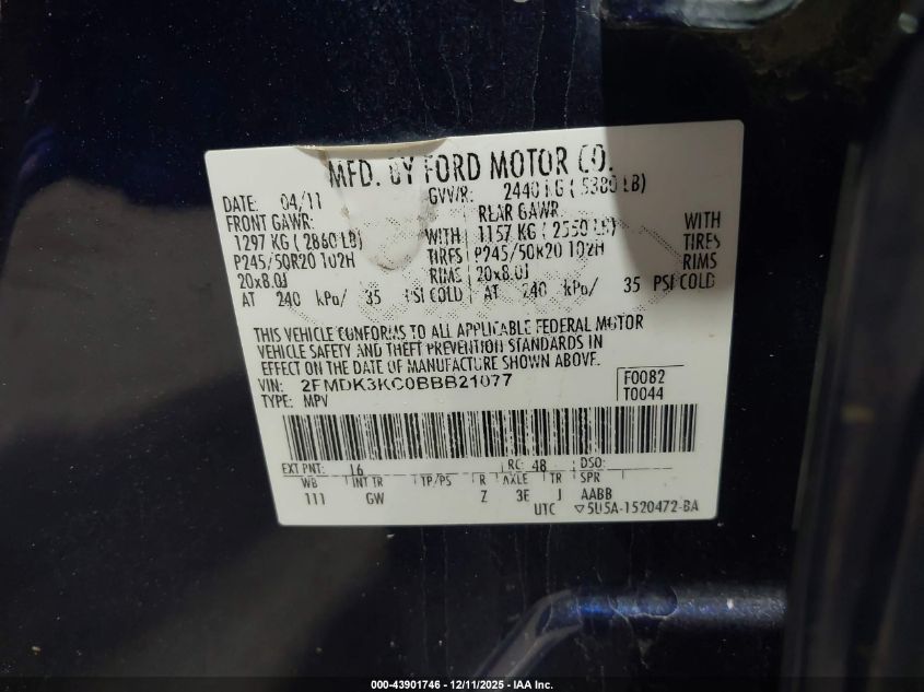 2011 Ford Edge Limited VIN: 2FMDK3KC0BBB21077 Lot: 43901746