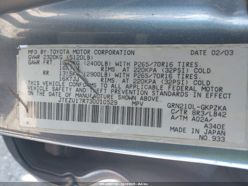 2003 Toyota 4Runner Limited V6 VIN: JTEZU17R730010529 Lot: 43901748