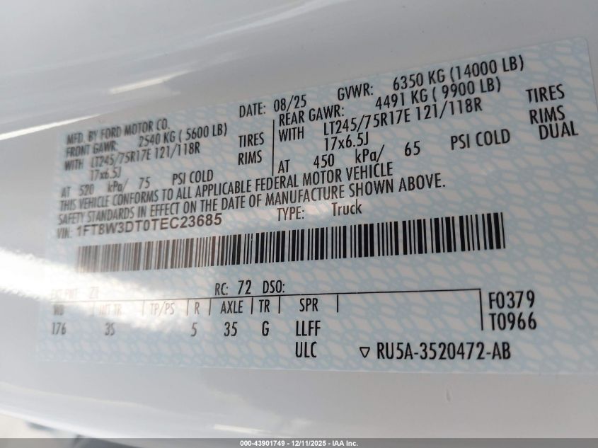 2026 Ford F-350 Xlt VIN: 1FT8W3DT0TEC23685 Lot: 43901749