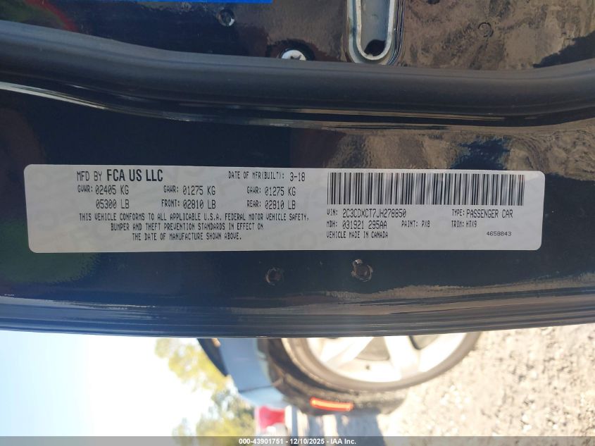 2018 Dodge Charger R/T Rwd VIN: 2C3CDXCT7JH278850 Lot: 43901751