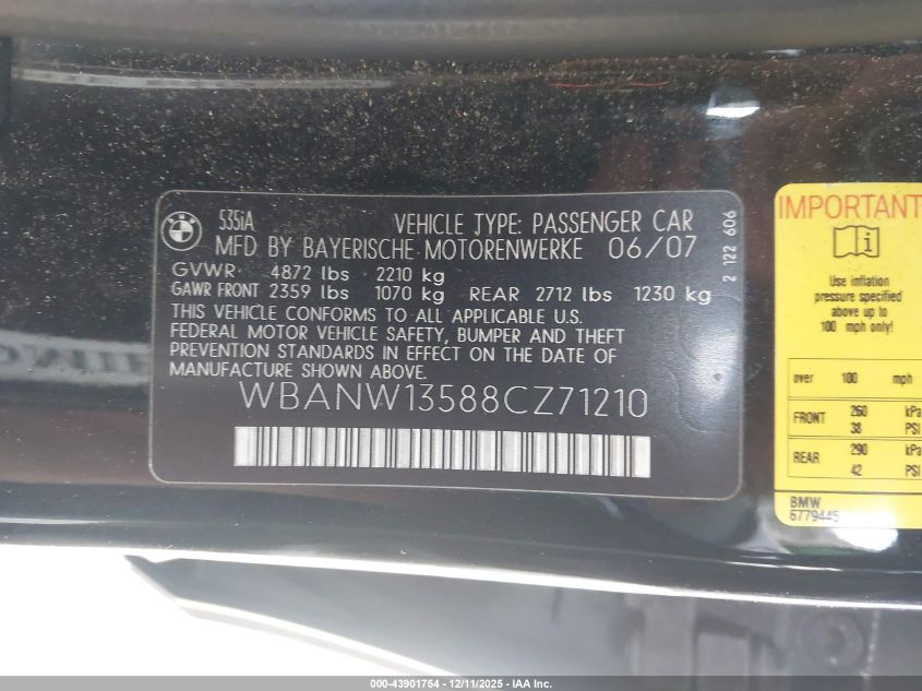 2008 BMW 535I VIN: WBANW13588CZ71210 Lot: 43901754