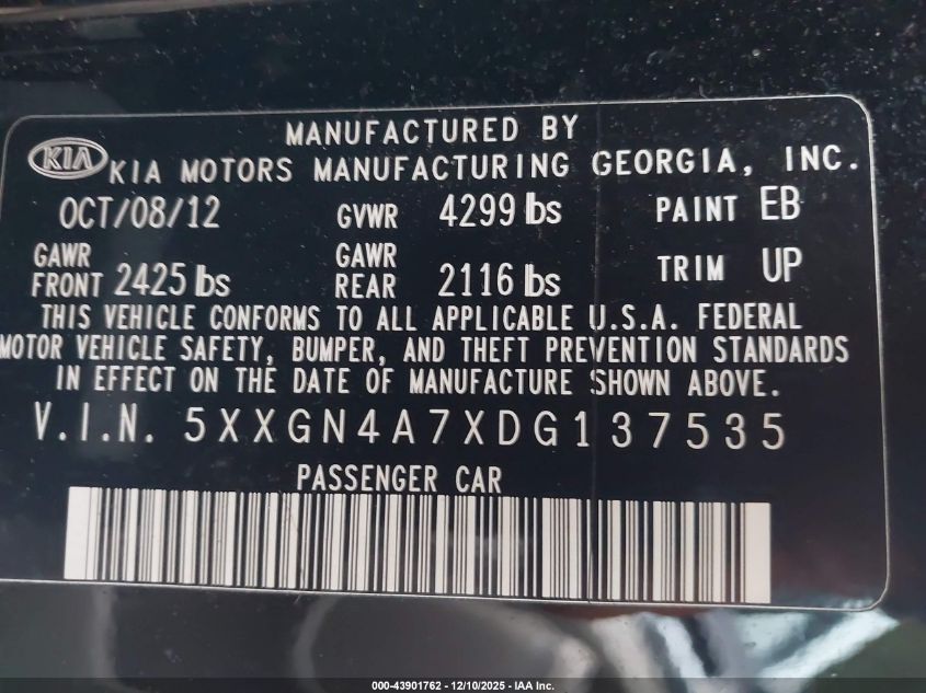 2013 Kia Optima Ex VIN: 5XXGN4A7XDG137535 Lot: 43901762