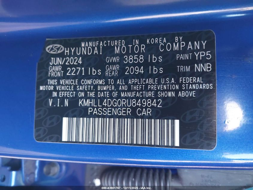 2024 Hyundai Elantra Se VIN: KMHLL4DG0RU849842 Lot: 43901767