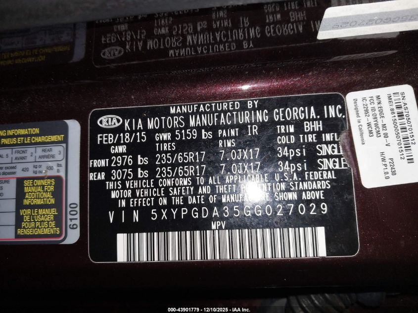2016 Kia Sorento 2.4L Lx VIN: 5XYPGDA35GG027029 Lot: 43901779