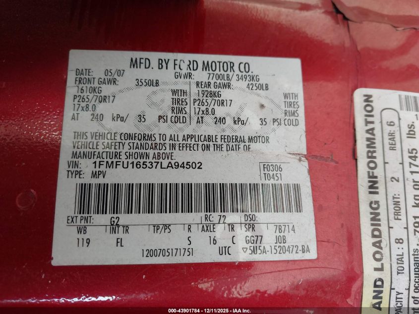 2007 Ford Expedition Xlt VIN: 1FMFU16537LA94502 Lot: 43901784