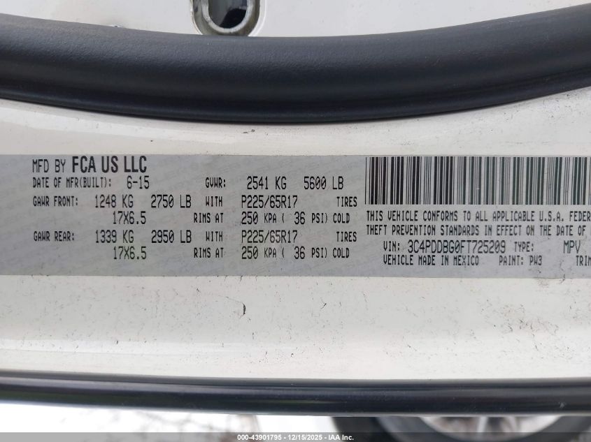 2015 Dodge Journey Sxt VIN: 3C4PDDBG0FT725209 Lot: 43901795