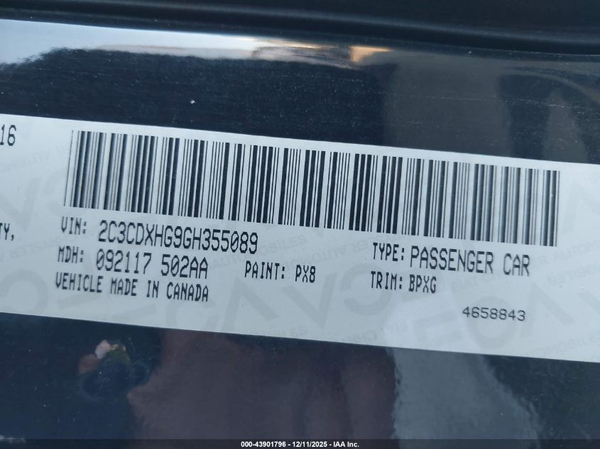 2016 Dodge Charger Sxt VIN: 2C3CDXHG9GH355089 Lot: 43901796