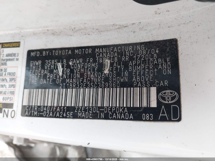 2005 Toyota Corolla Ce VIN: 2T1BR32E35C369960 Lot: 43901798