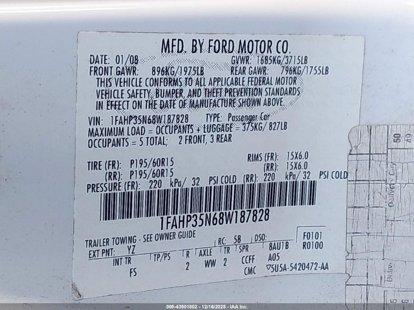 2008 Ford Focus Se/Ses VIN: 1FAHP35N68W187828 Lot: 43901802