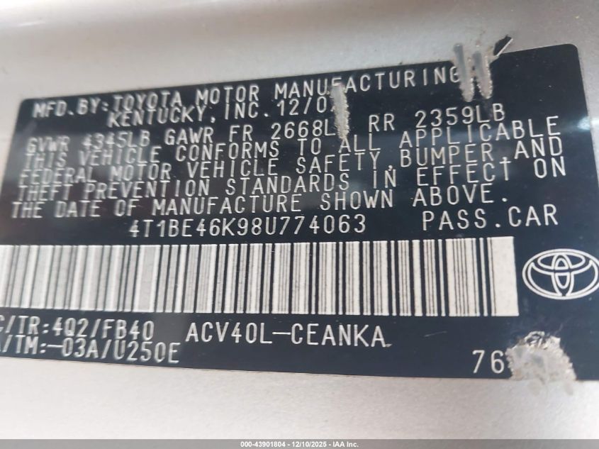 2008 Toyota Camry Le VIN: 4T1BE46K98U774063 Lot: 43901804