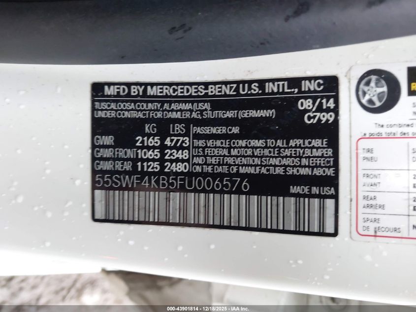 2015 Mercedes-Benz C 300 Sport 4Matic VIN: 55SWF4KB5FU006576 Lot: 43901814