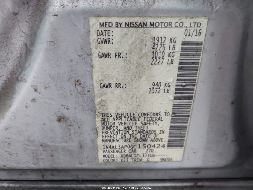 2016 Nissan Altima 2.5/2.5 S/2.5 Sl/2.5 Sr/2.5 Sv VIN: 1N4AL3AP0GC150424 Lot: 43901818