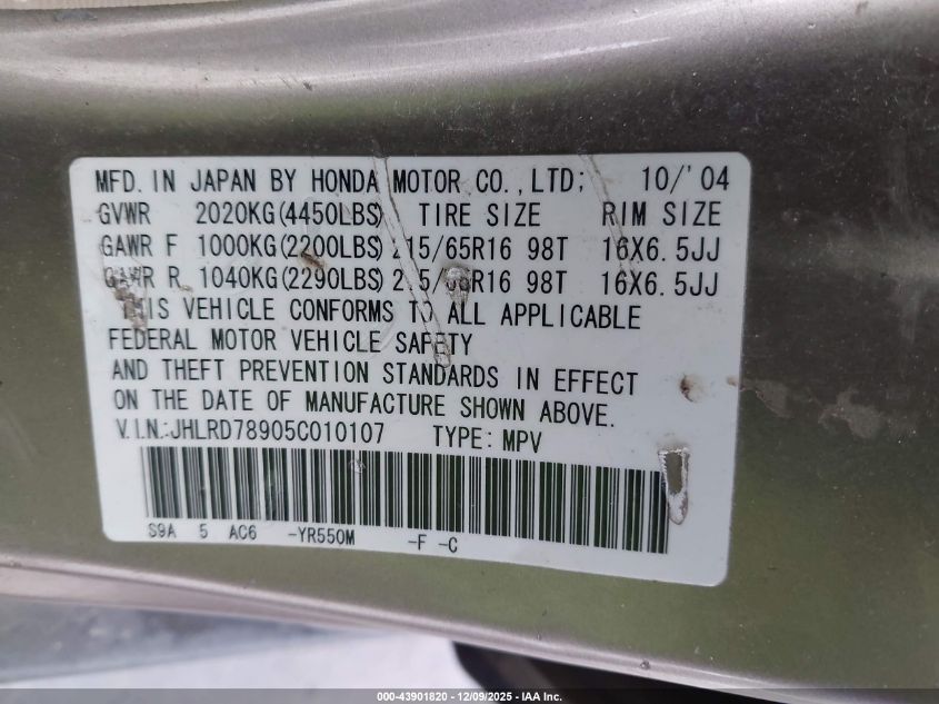 2005 Honda Cr-V Se VIN: JHLRD78905C010107 Lot: 43901820