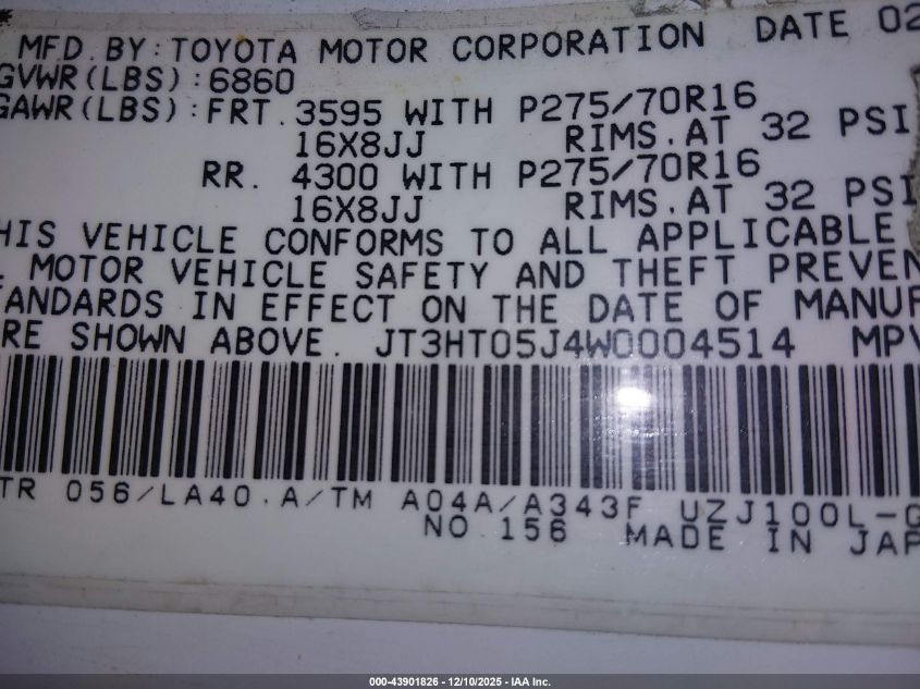 1998 Toyota Land Cruiser VIN: JT3HT05J4W0004514 Lot: 43901826