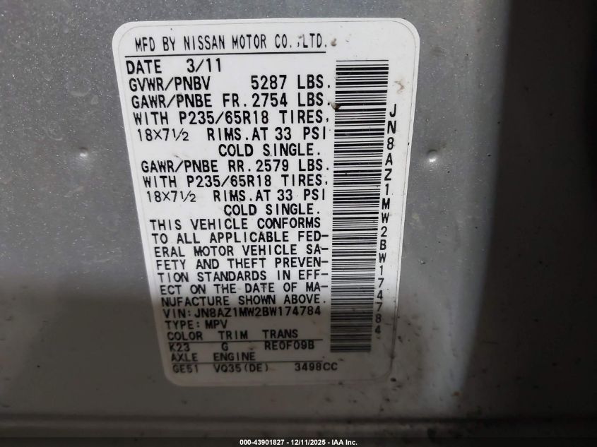 2011 Nissan Murano Sl VIN: JN8AZ1MW2BW174784 Lot: 43901827