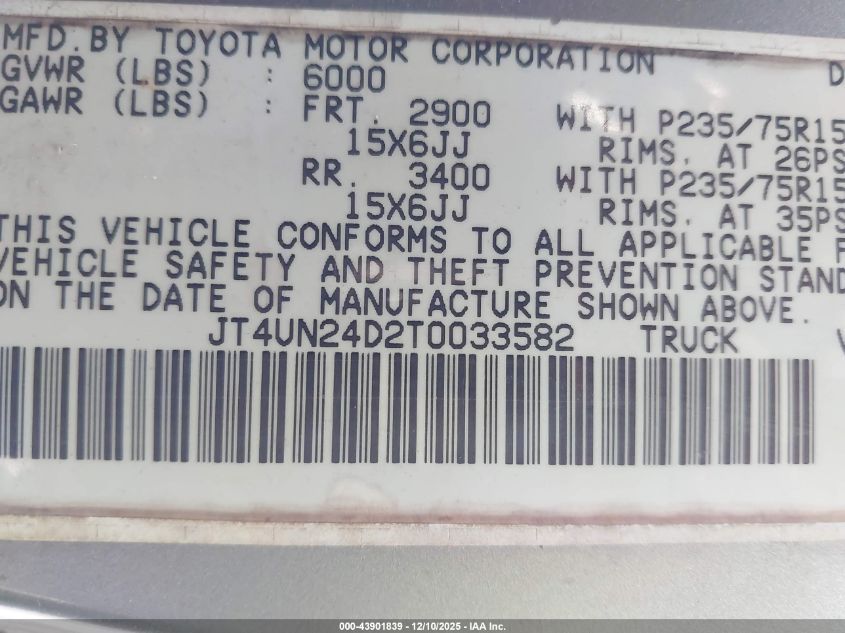 1996 Toyota T100 Xtracab Sr5 VIN: JT4UN24D2T0033582 Lot: 43901839