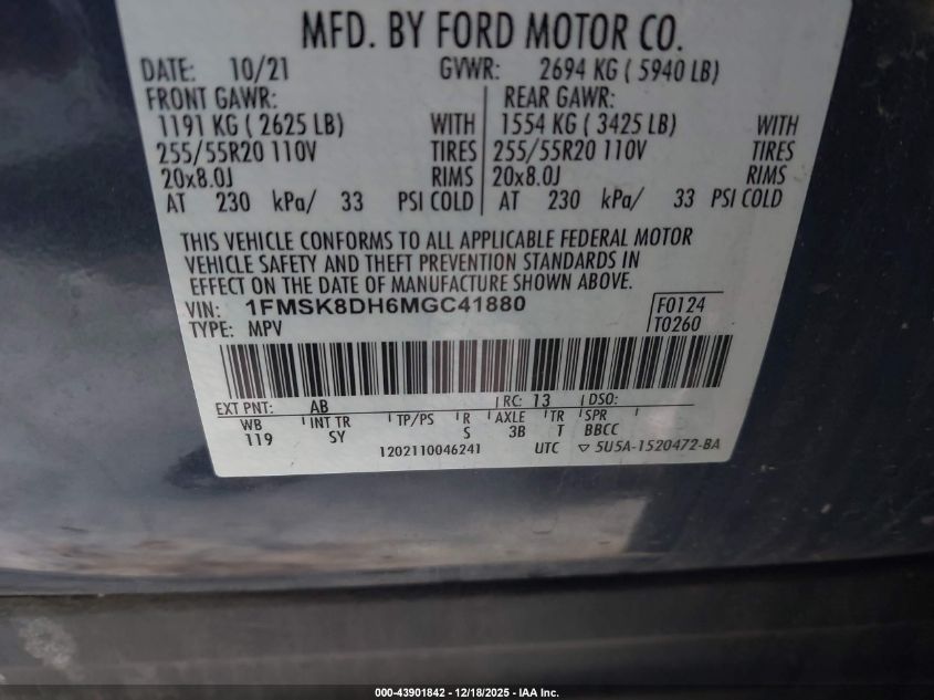 2021 Ford Explorer Xlt VIN: 1FMSK8DH6MGC41880 Lot: 43901842