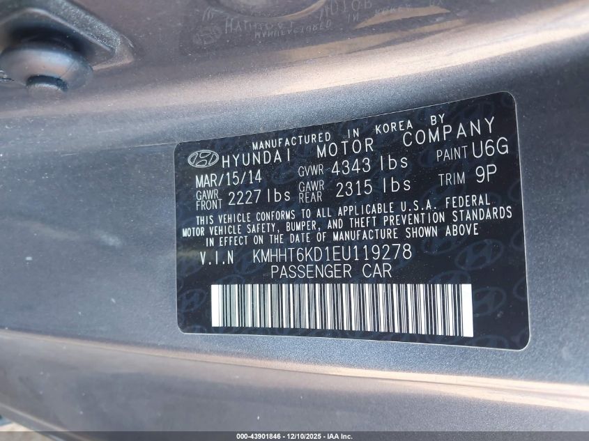 2014 Hyundai Genesis 2.0T Premium VIN: KMHHT6KD1EU119278 Lot: 43901846