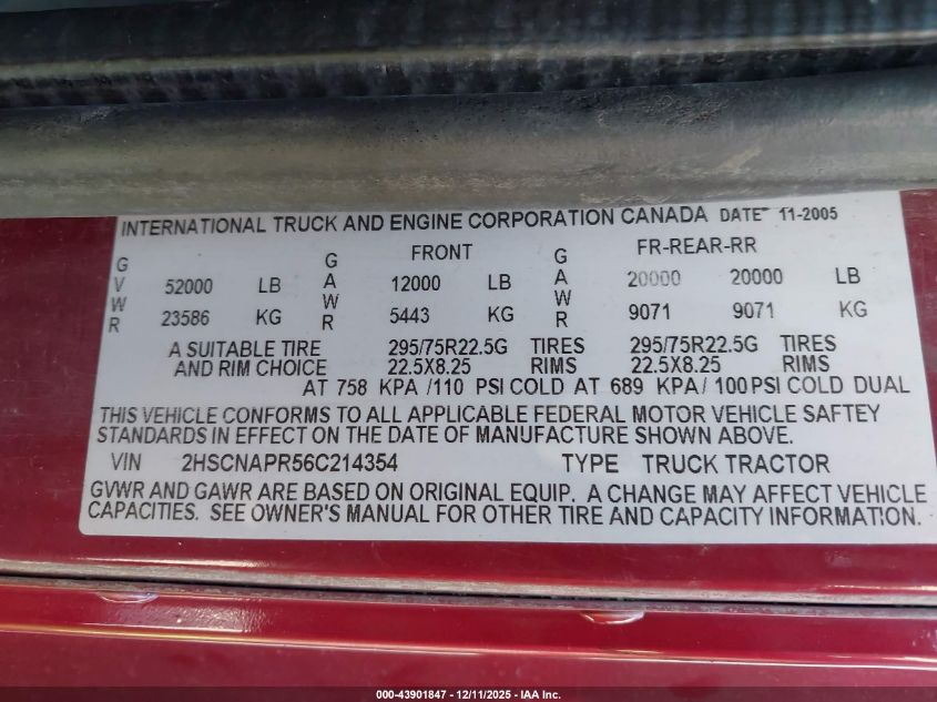 2006 International 9400 9400I VIN: 2HSCNAPR56C214354 Lot: 43901847