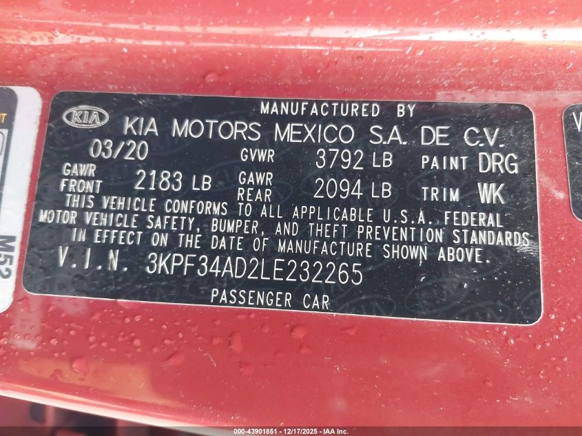 2020 Kia Forte Gt-Line VIN: 3KPF34AD2LE232265 Lot: 43901851