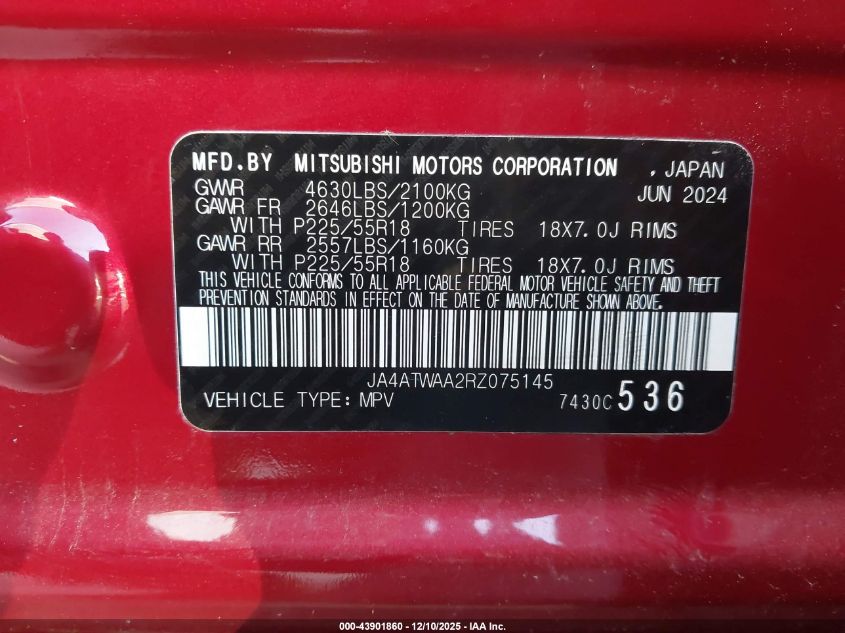 2024 Mitsubishi Eclipse Cross Se S-Awc/Sel S-Awc VIN: JA4ATWAA2RZ075145 Lot: 43901860