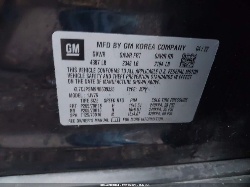 2022 Chevrolet Trax Awd Lt VIN: KL7CJPSM9NB539325 Lot: 43901864
